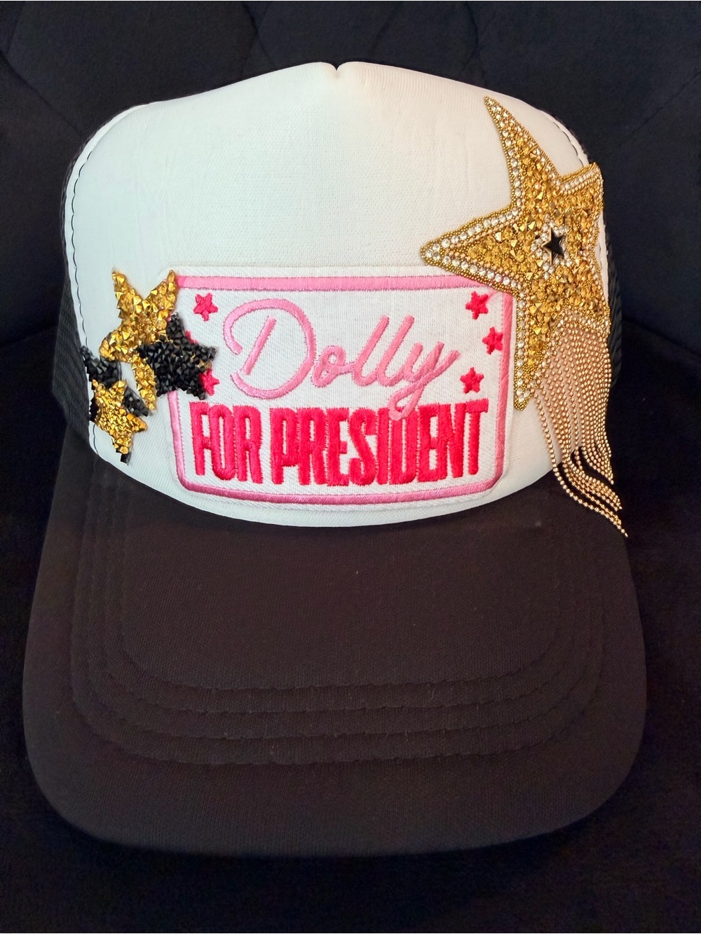 Dolly Parton For President Embellished Trucker Hat - White & Black